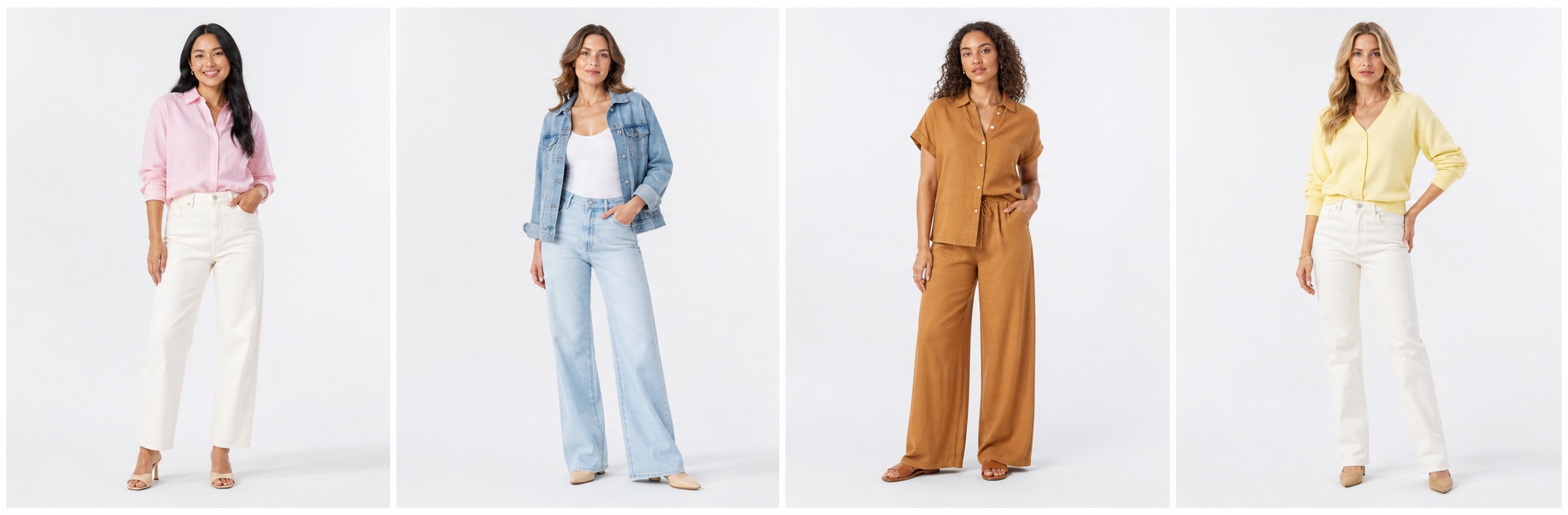 Four models presenting a modern fashion collection