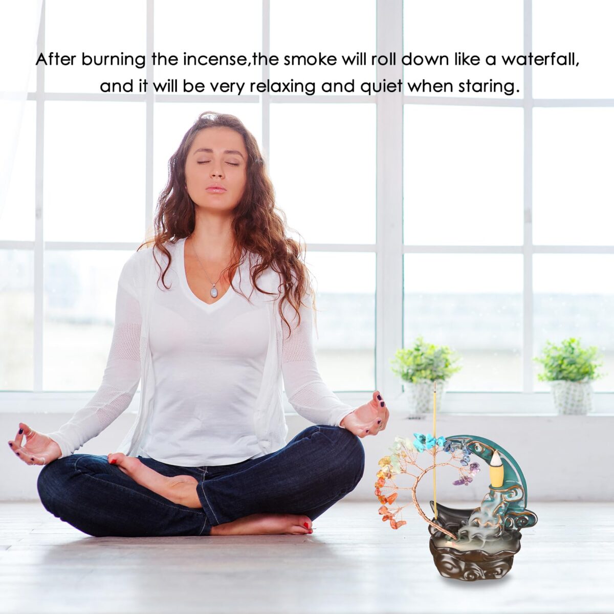 Incense Waterfall Moon Backflow Incense Burner Ceramic Incense Holders 7 Chakras Crystal Tree Incense Holder Namaste Yoga Meditation and Home Decor - Image 2
