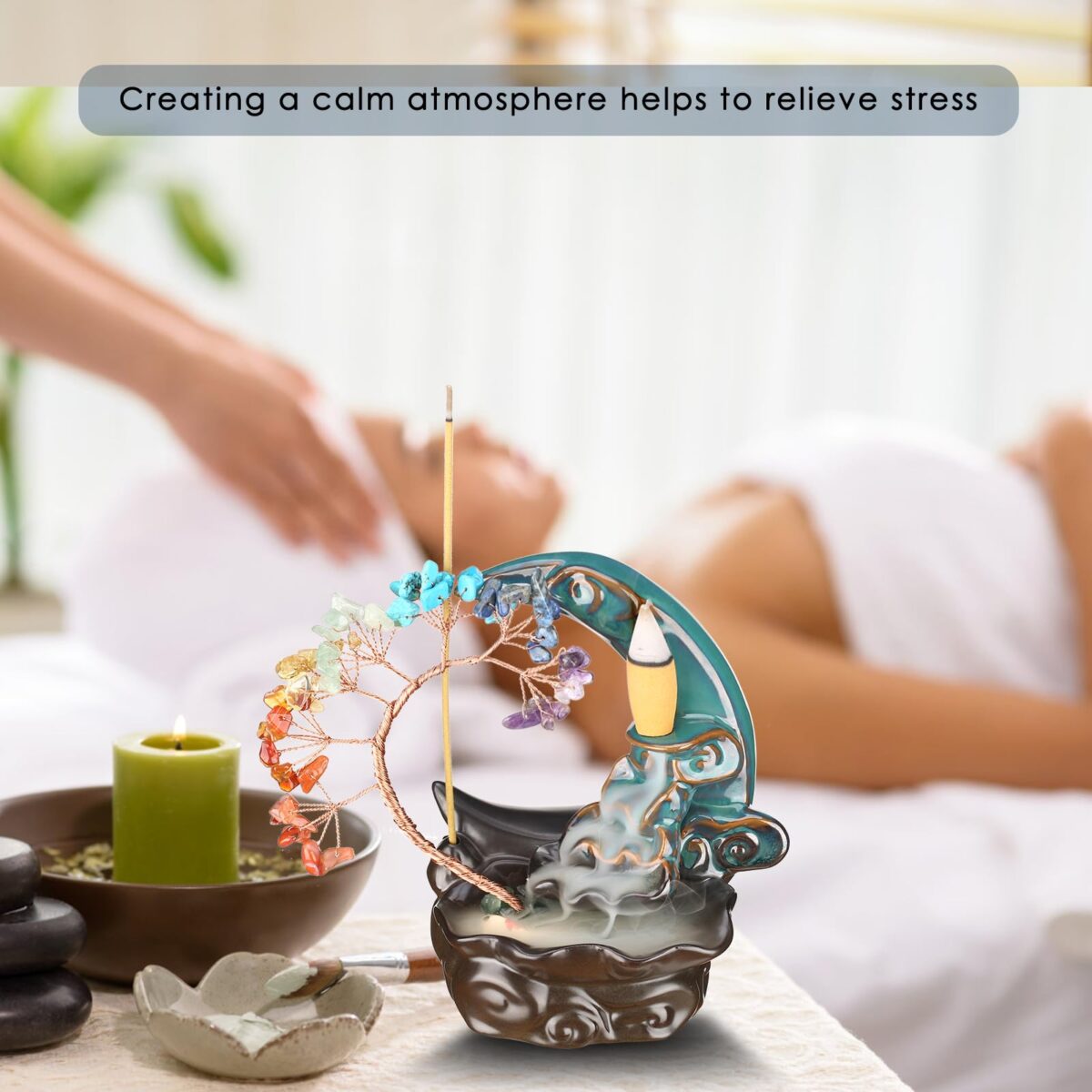 Incense Waterfall Moon Backflow Incense Burner Ceramic Incense Holders 7 Chakras Crystal Tree Incense Holder Namaste Yoga Meditation and Home Decor - Image 5