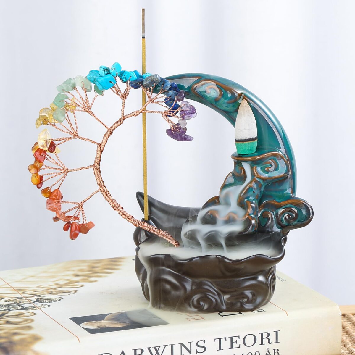 Incense Waterfall Moon Backflow Incense Burner Ceramic Incense Holders 7 Chakras Crystal Tree Incense Holder Namaste Yoga Meditation and Home Decor - Image 4