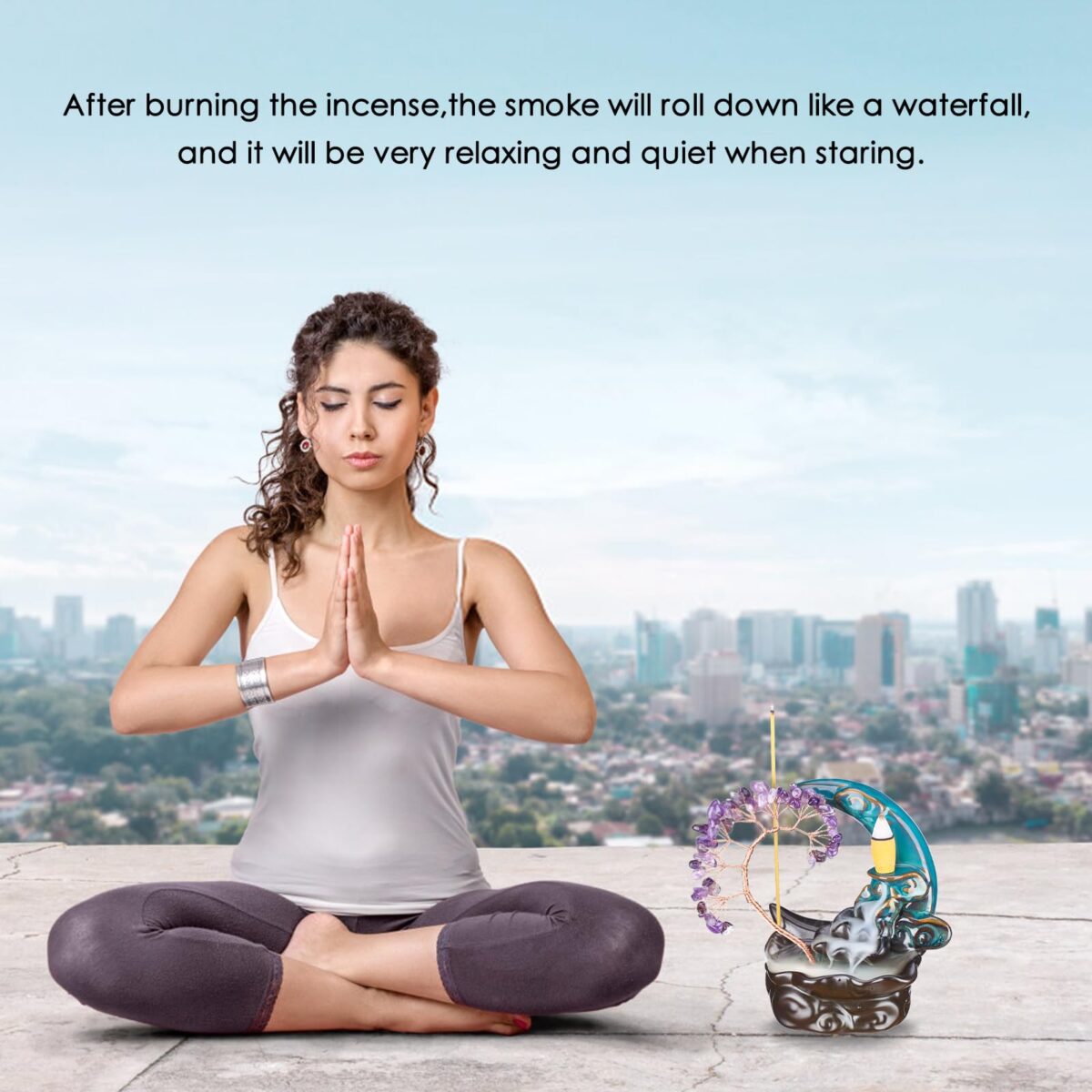 Incense Waterfall Moon Backflow Incense Burner Ceramic Incense Holders Amethyst Crystal Tree Incense Holder Namaste Yoga Meditation and Home Decor - Image 2
