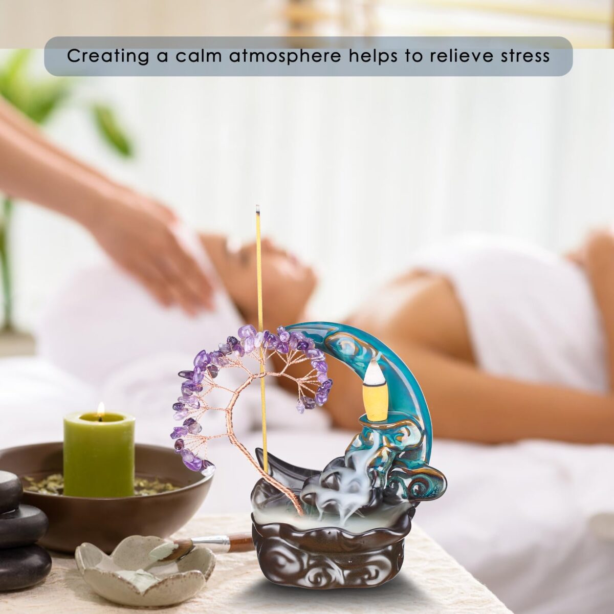 Incense Waterfall Moon Backflow Incense Burner Ceramic Incense Holders Amethyst Crystal Tree Incense Holder Namaste Yoga Meditation and Home Decor - Image 6
