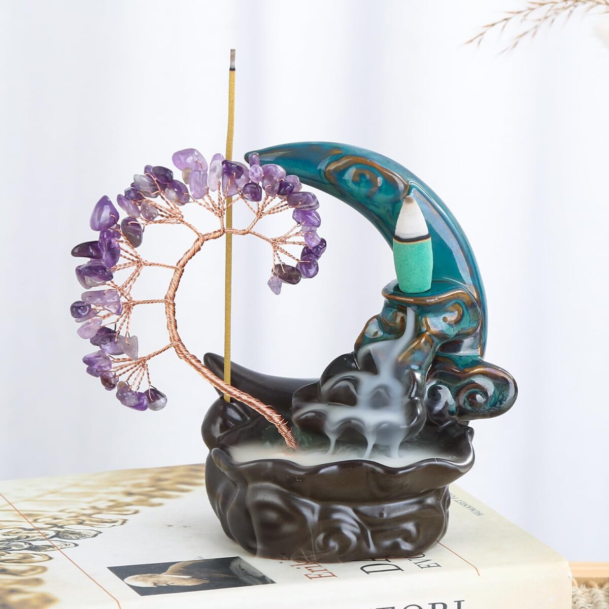 Incense Waterfall Moon Backflow Incense Burner Ceramic Incense Holders Amethyst Crystal Tree Incense Holder Namaste Yoga Meditation and Home Decor - Image 5