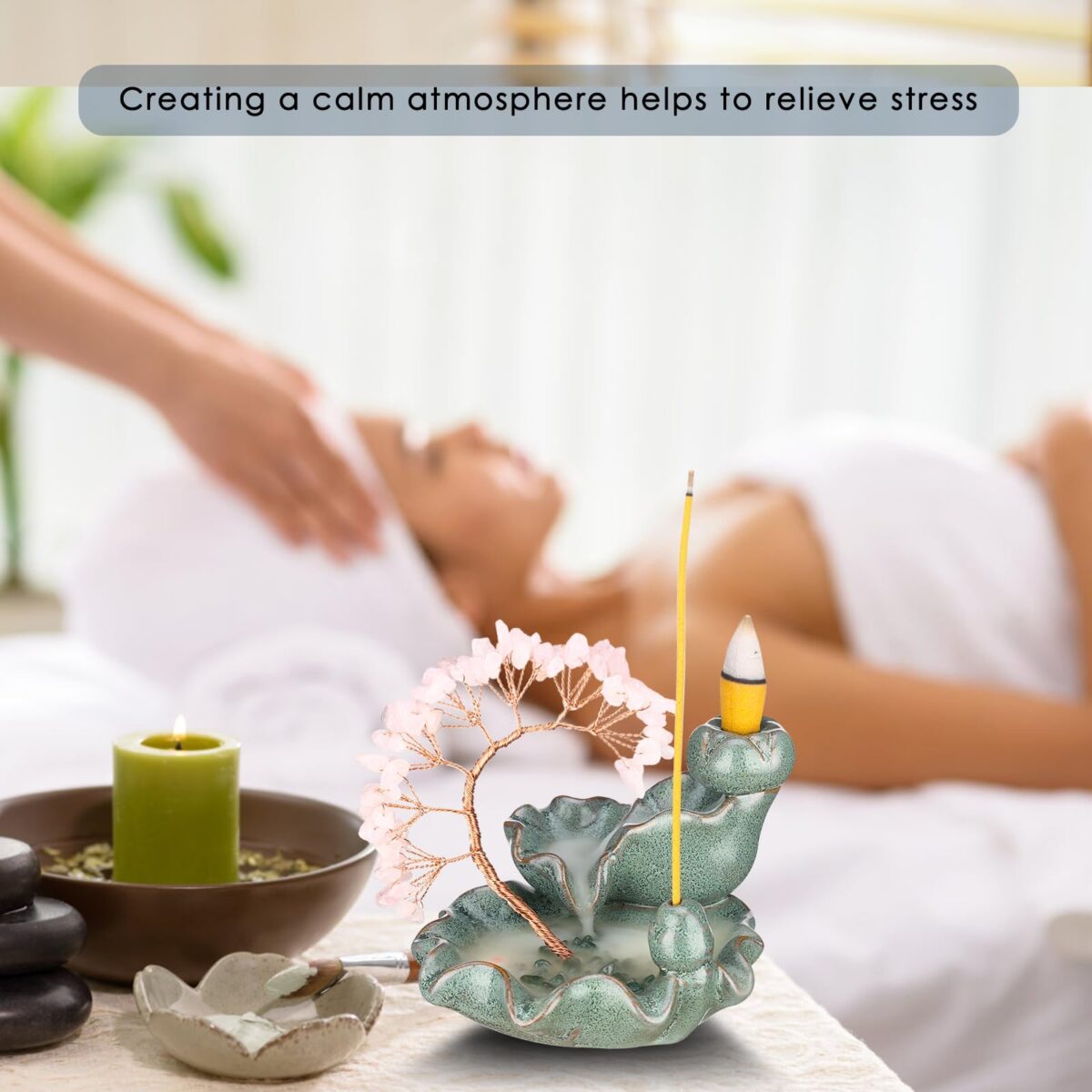 Incense Waterfall Moon Backflow Incense Burner Ceramic Incense Holders Rose Stone Crystal Tree Incense Holder Namaste Yoga Meditation and Home Decor - Image 6