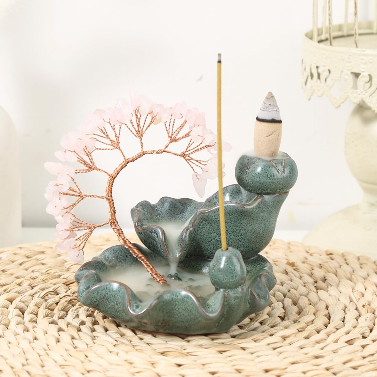 Incense Waterfall Moon Backflow Incense Burner Ceramic Incense Holders Rose Stone Crystal Tree Incense Holder Namaste Yoga Meditation and Home Decor - Image 5