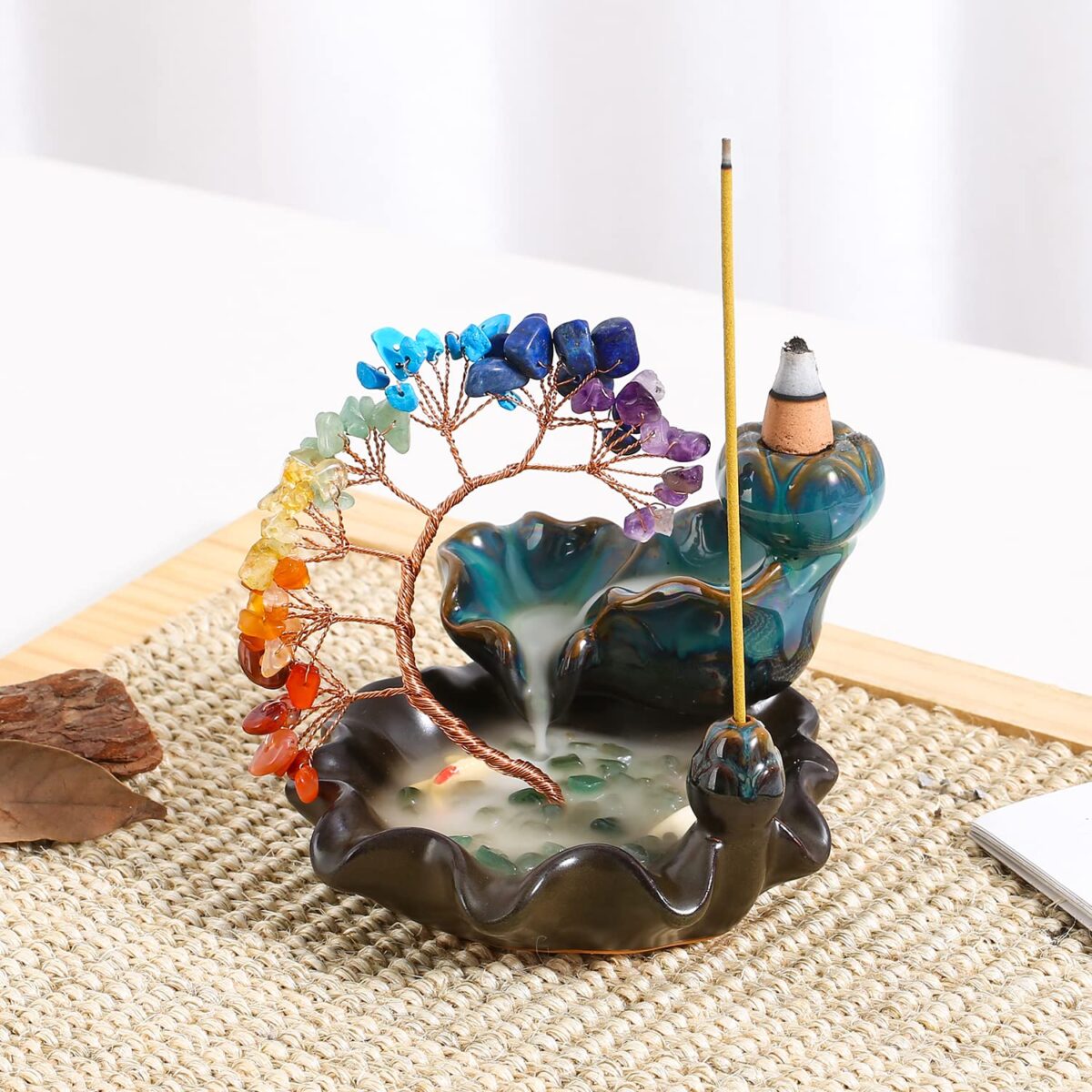 Backflow Incense Burner Ceramic Incense Waterfall 7 Chakras Crystal Tree Incense Holder Namaste Yoga Meditation and Home Decor - Image 3