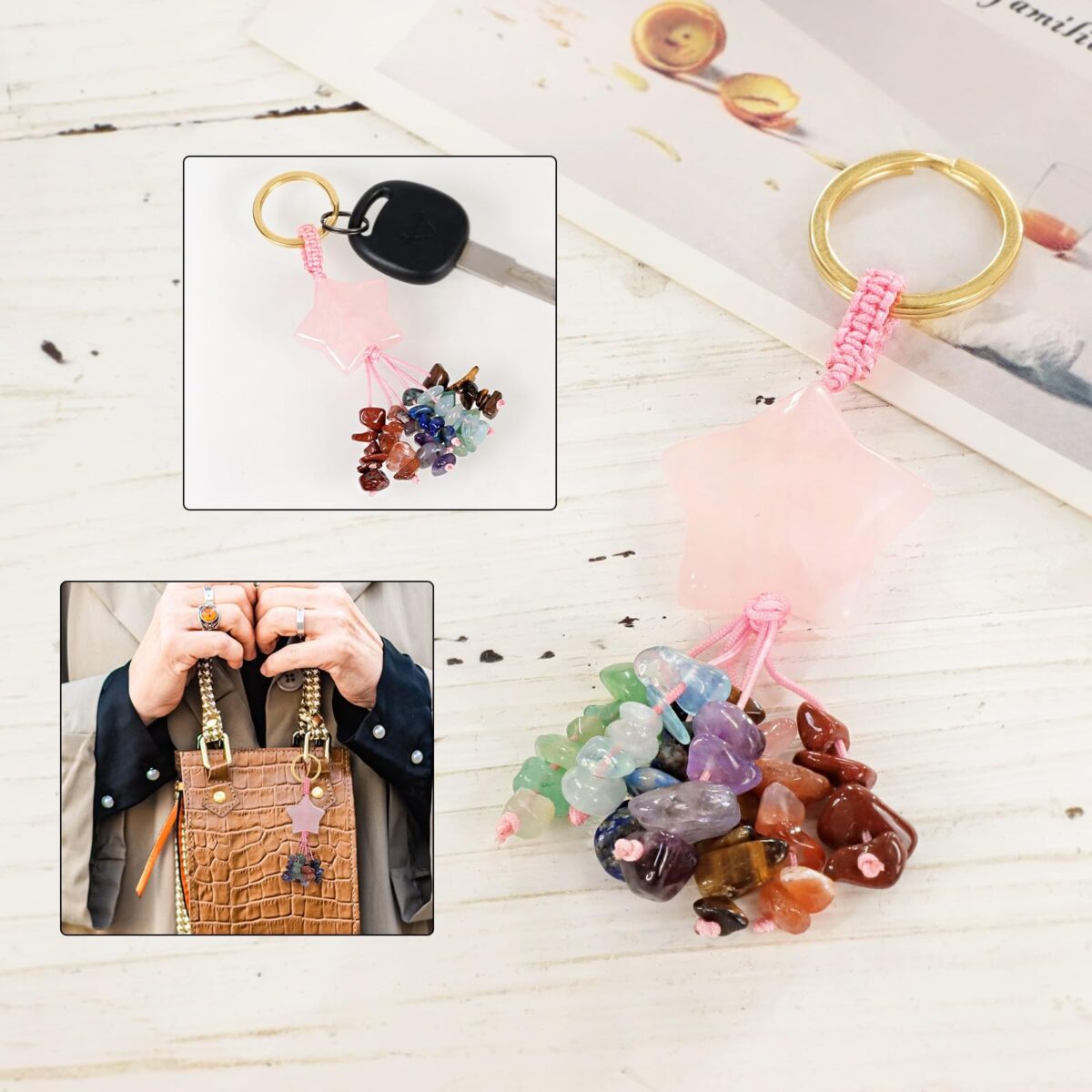 TUMBEELLUWA 7 Chakra Healing Crystal Keychain Stone Beads Tassel Key Ring Charm Amulet Car Keyrings for Men Women Unisex - Image 3