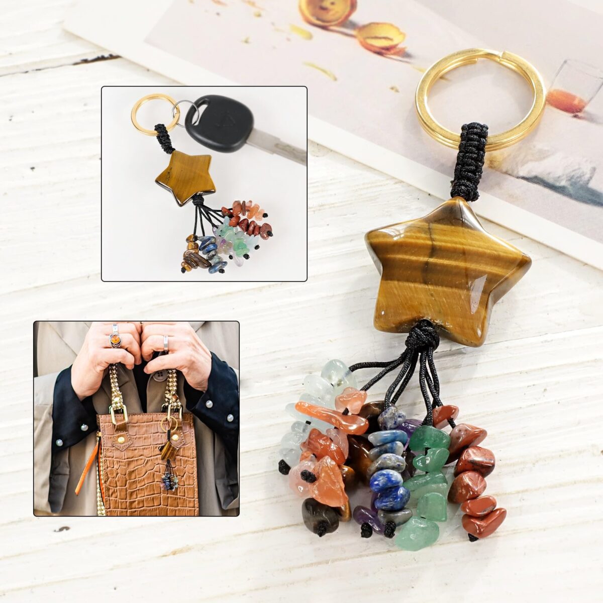 TUMBEELLUWA 7 Chakra Healing Crystal Keychain Stone Beads Tassel Key Ring Charm Amulet Car Keyrings for Men Women Unisex - Image 3