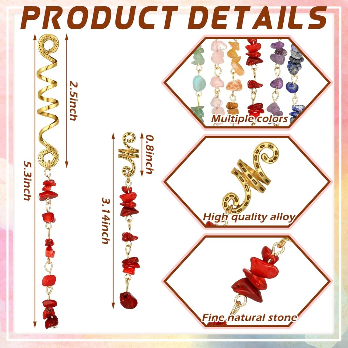BBTO 12 Pcs Dreadlocks Hair Clips, Natural Stone & Metal Pirate Accessories for Women, Hair Charms for Girls Braids, 6 Bright Colors (Blue, Green, Pink, Red, Purple, Brown) - Image 4