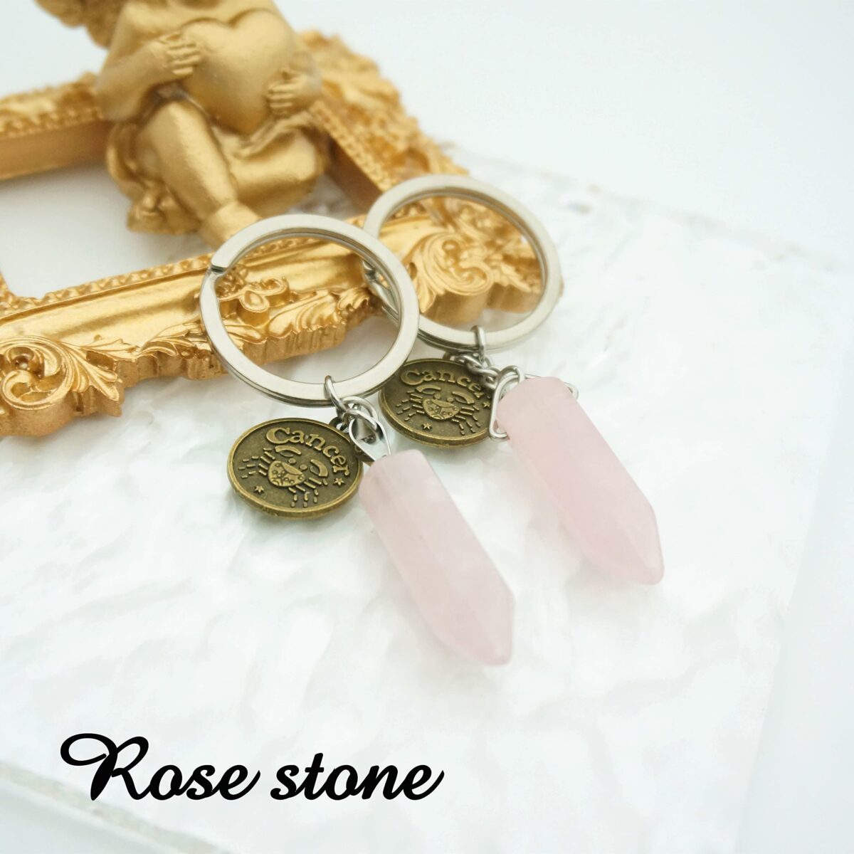 Zodiac Crystal Stone Keychain Natural Rose Stone/Red Agate/Aventurine Healing Crystal Keychain - Image 3