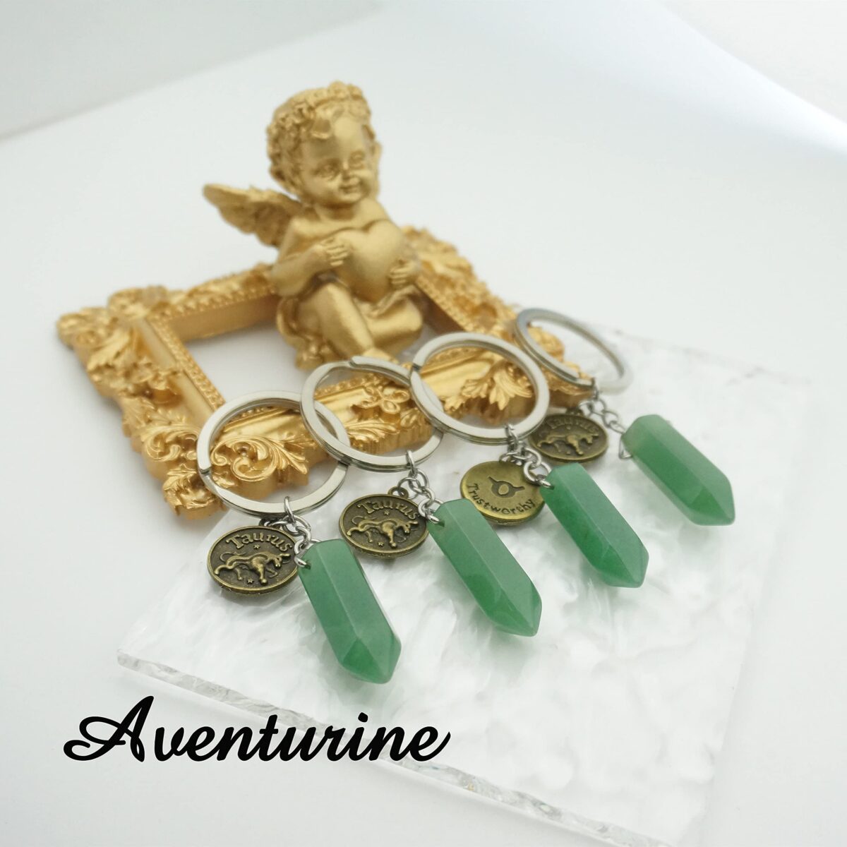 Zodiac Crystal Stone Keychain Natural Rose Stone/Red Agate/Aventurine Healing Crystal Keychain - Image 3