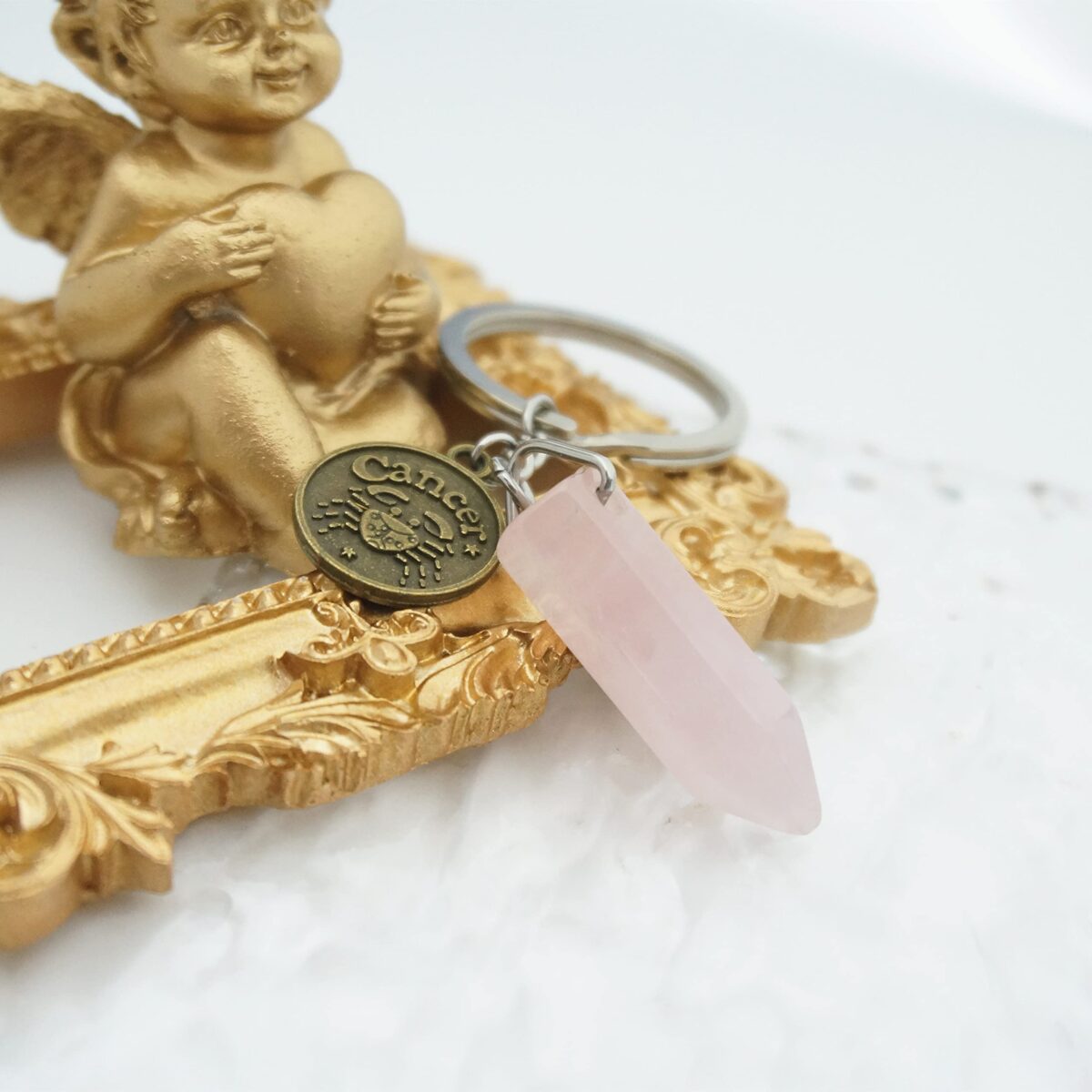 Zodiac Crystal Stone Keychain Natural Rose Stone/Red Agate/Aventurine Healing Crystal Keychain - Image 2