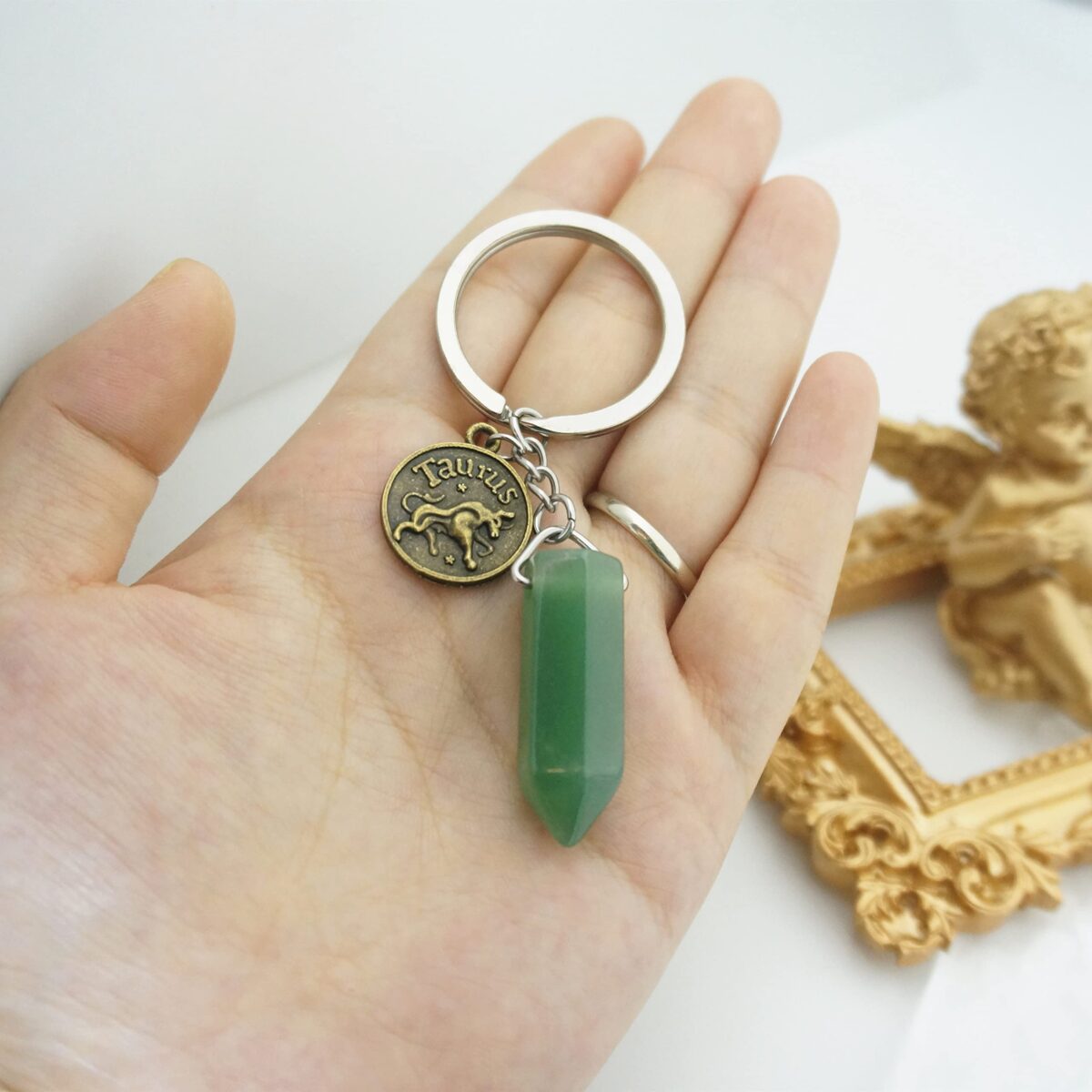 Zodiac Crystal Stone Keychain Natural Rose Stone/Red Agate/Aventurine Healing Crystal Keychain - Image 4