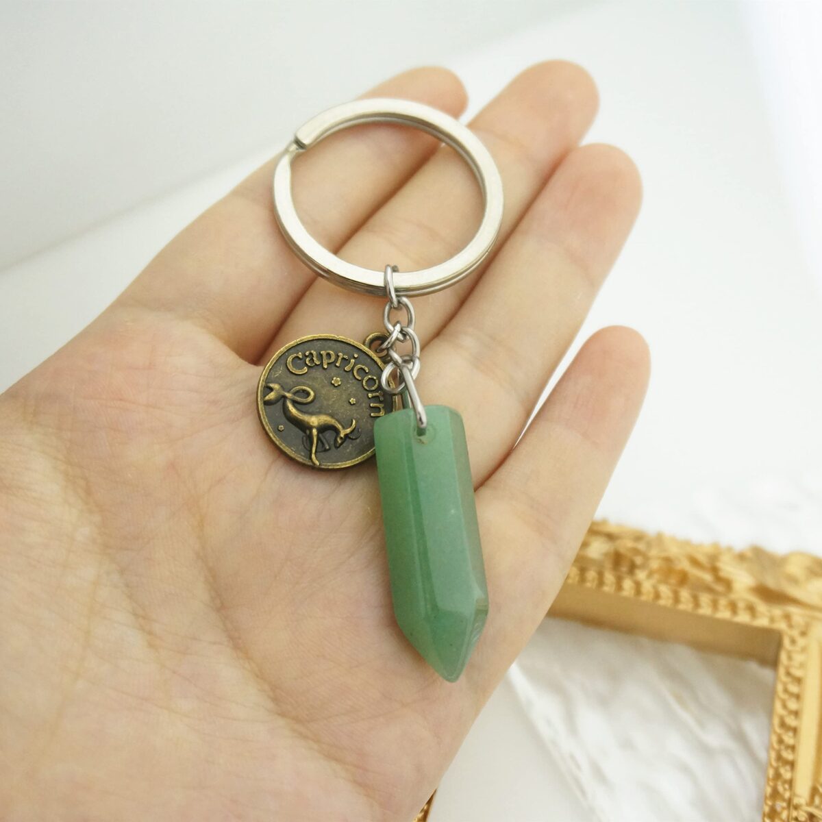 Zodiac Crystal Stone Keychain Natural Rose Stone/Red Agate/Aventurine Healing Crystal Keychain - Image 4