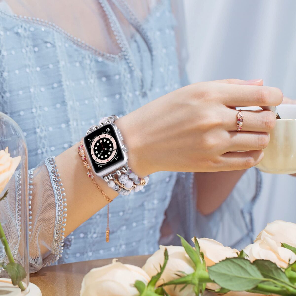VISOOM Beaded Bracelet Compatible for Apple Watch Band 40mm/38mm/41mm/42mm Series 10 9 8 7 SE Series 6/5/4 Women Fashion Cute Handmade Crystal Beads Stretchy Watch Strap for iWatch Bands Series 3/2/1 - Image 3