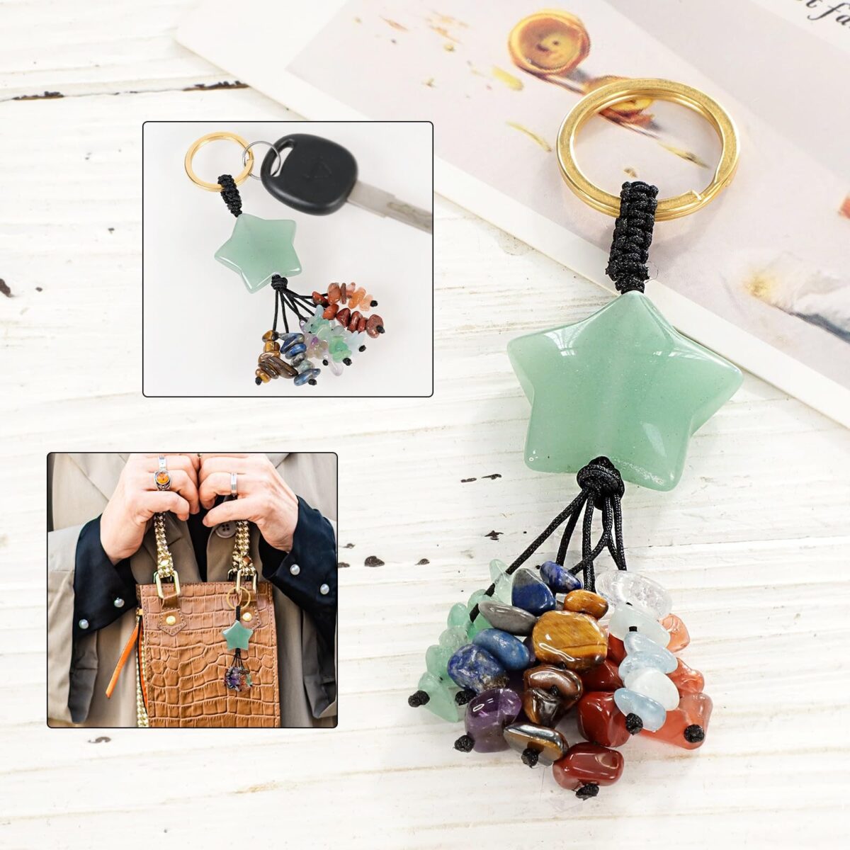 TUMBEELLUWA 7 Chakra Healing Crystal Keychain Stone Beads Tassel Key Ring Charm Amulet Car Keyrings for Men Women Unisex - Image 3