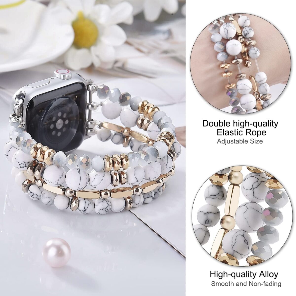 VISOOM Beaded Bracelet Compatible for Apple Watch Band 40mm/38mm/41mm/42mm Series 10 9 8 7 SE Series 6/5/4 Women Fashion Cute Handmade Crystal Beads Stretchy Watch Strap for iWatch Bands Series 3/2/1 - Image 2