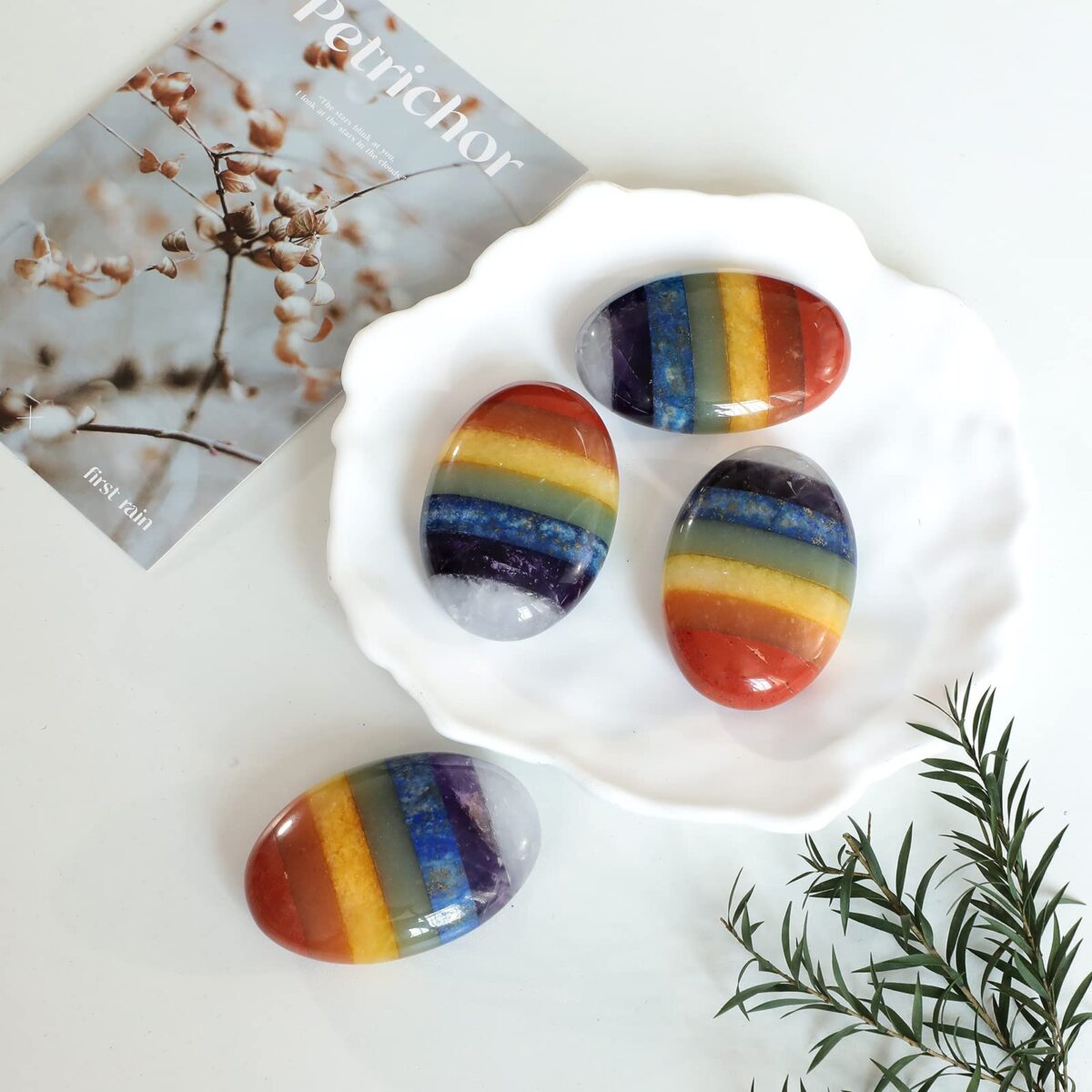 Natural 7 Chakra Oval Polished Worry Stones, Healing Crystal Indoor Fountain Stones Massage Energy Anxiety Relief Items - Image 3