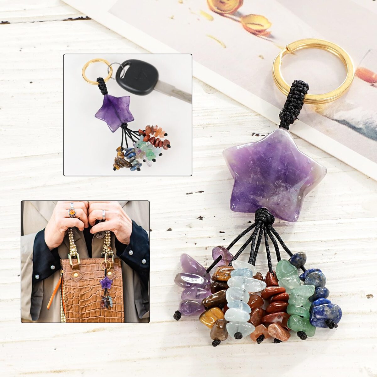 TUMBEELLUWA 7 Chakra Healing Crystal Keychain Stone Beads Tassel Key Ring Charm Amulet Car Keyrings for Men Women Unisex - Image 3