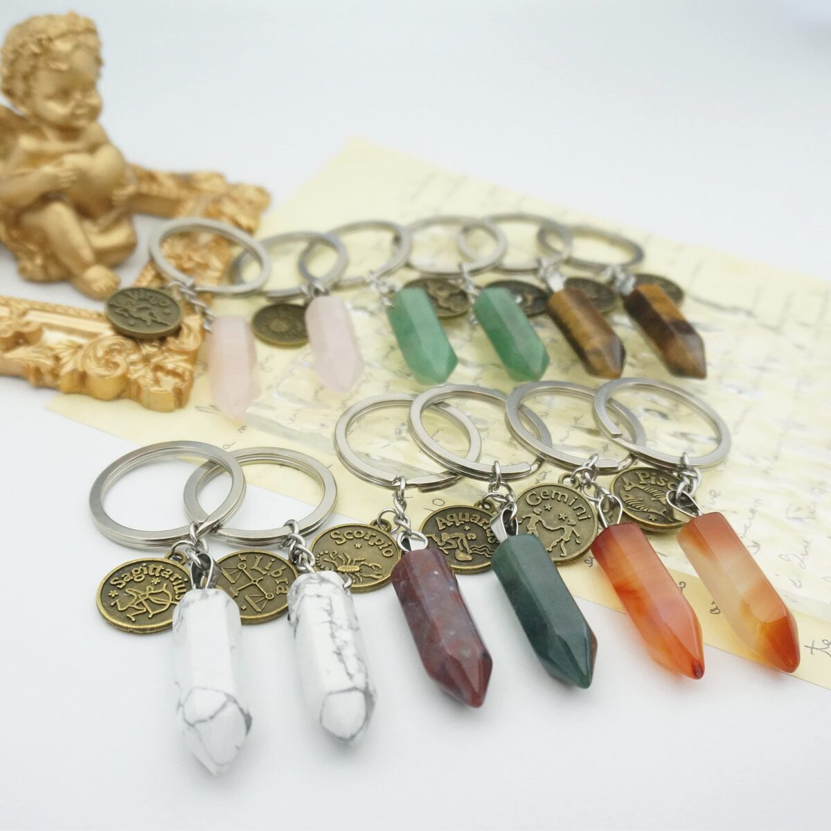 Zodiac Crystal Stone Keychain Natural Rose Stone/Red Agate/Aventurine Healing Crystal Keychain - Image 5