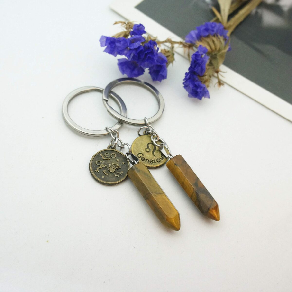 Zodiac Crystal Stone Keychain Natural Rose Stone/Red Agate/Aventurine Healing Crystal Keychain - Image 2