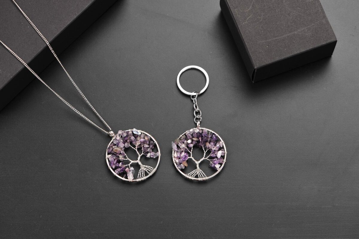 Tree of Life Keychain Natural Crystal Stone Handmade DIY Keychain Charm Pendant Necklace - Image 4