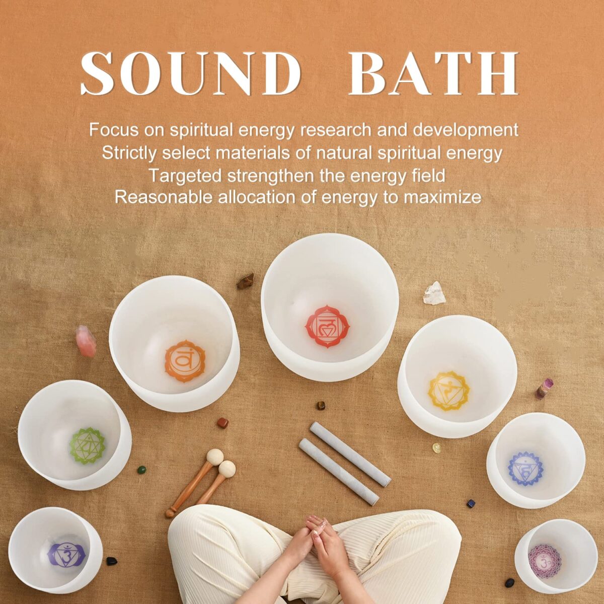 Chakra Symbol Design Frosted Quartz Crystal Singing Bowl with 2 PCS Travel Carry Case Bag for Sound Healing - Image 2