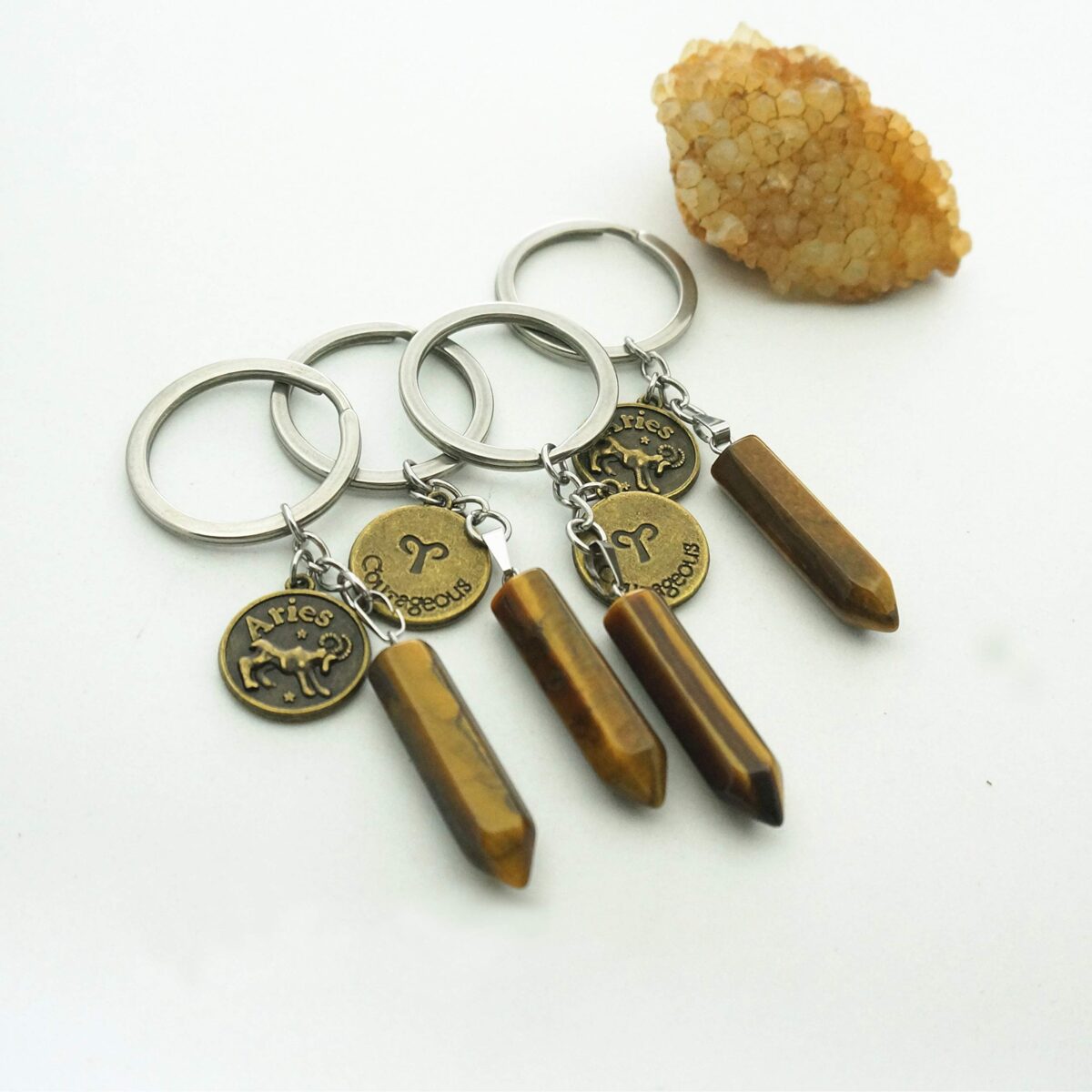 Zodiac Crystal Stone Keychain Natural Rose Stone/Red Agate/Aventurine Healing Crystal Keychain - Image 3
