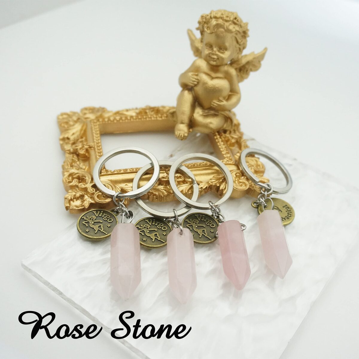 Zodiac Crystal Stone Keychain Natural Rose Stone/Red Agate/Aventurine Healing Crystal Keychain (Copy) - Image 2