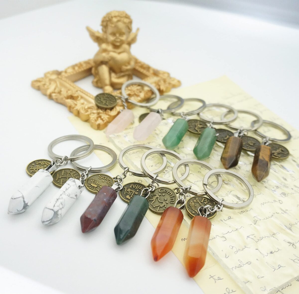 Zodiac Crystal Stone Keychain Natural Rose Stone/Red Agate/Aventurine Healing Crystal Keychain (Copy) - Image 5