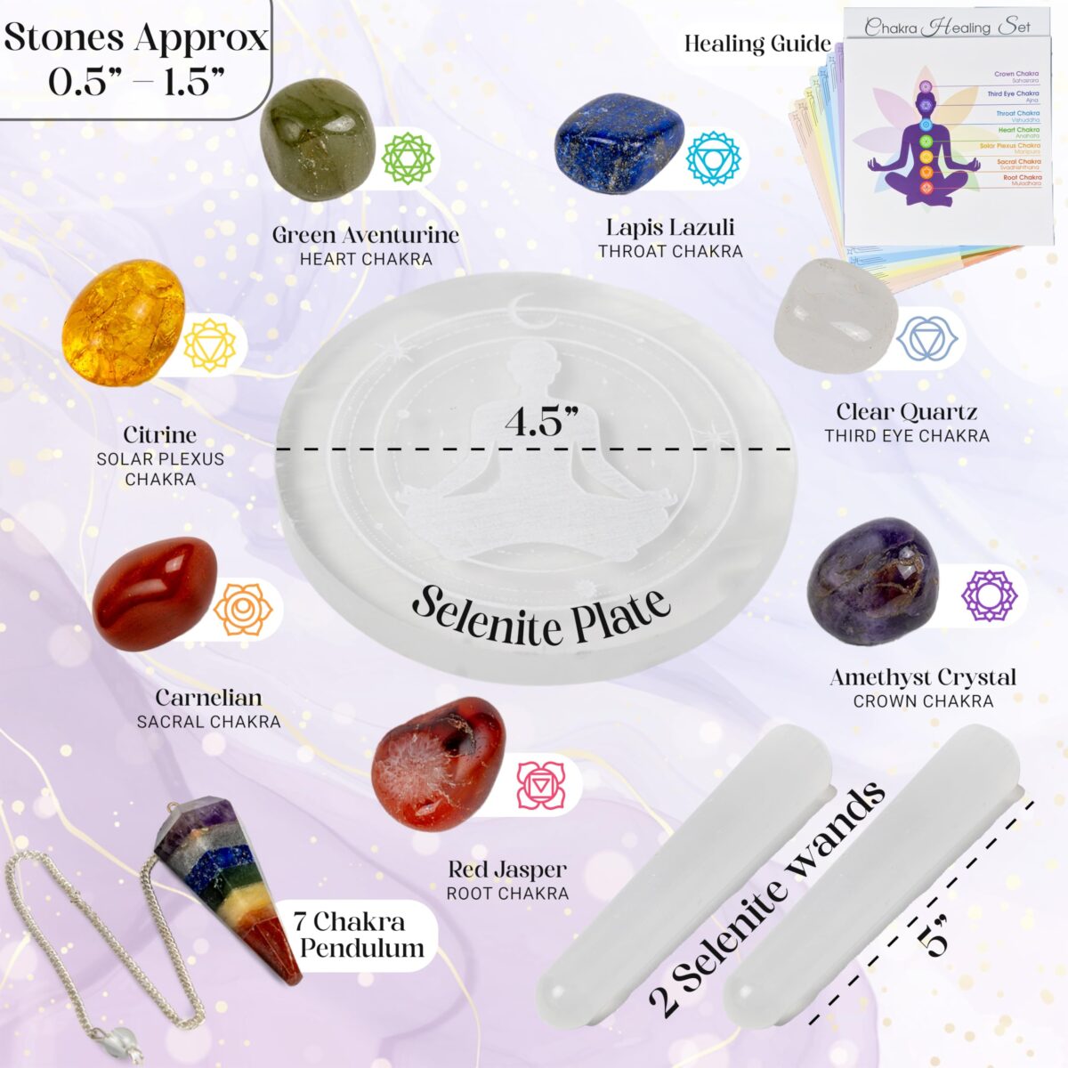 7 Chakra Healing Crystal Set. 11pc Authentic Real Crystals and Healing Stones for Holistic Therapy. 7 Gemstones, Selenite Plate and Wands Plus a Healing Guide for Natural Healing - Image 3
