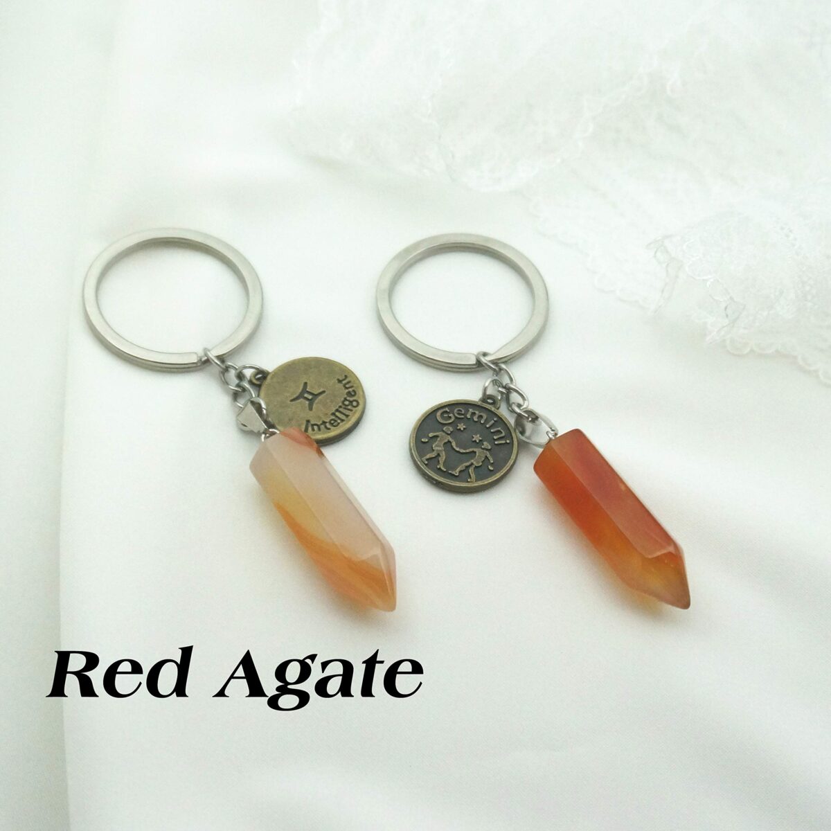 Zodiac Crystal Stone Keychain Natural Rose Stone/Red Agate/Aventurine Healing Crystal Keychain - Image 3