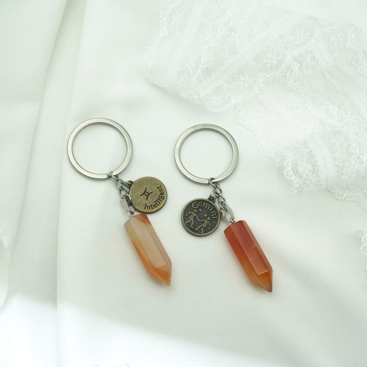 Zodiac Crystal Stone Keychain Natural Rose Stone/Red Agate/Aventurine Healing Crystal Keychain - Image 2