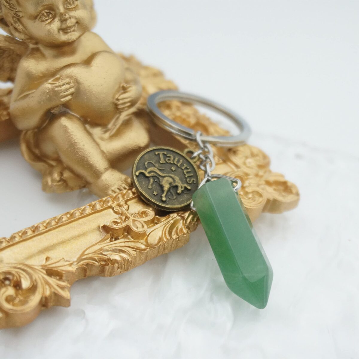 Zodiac Crystal Stone Keychain Natural Rose Stone/Red Agate/Aventurine Healing Crystal Keychain - Image 2