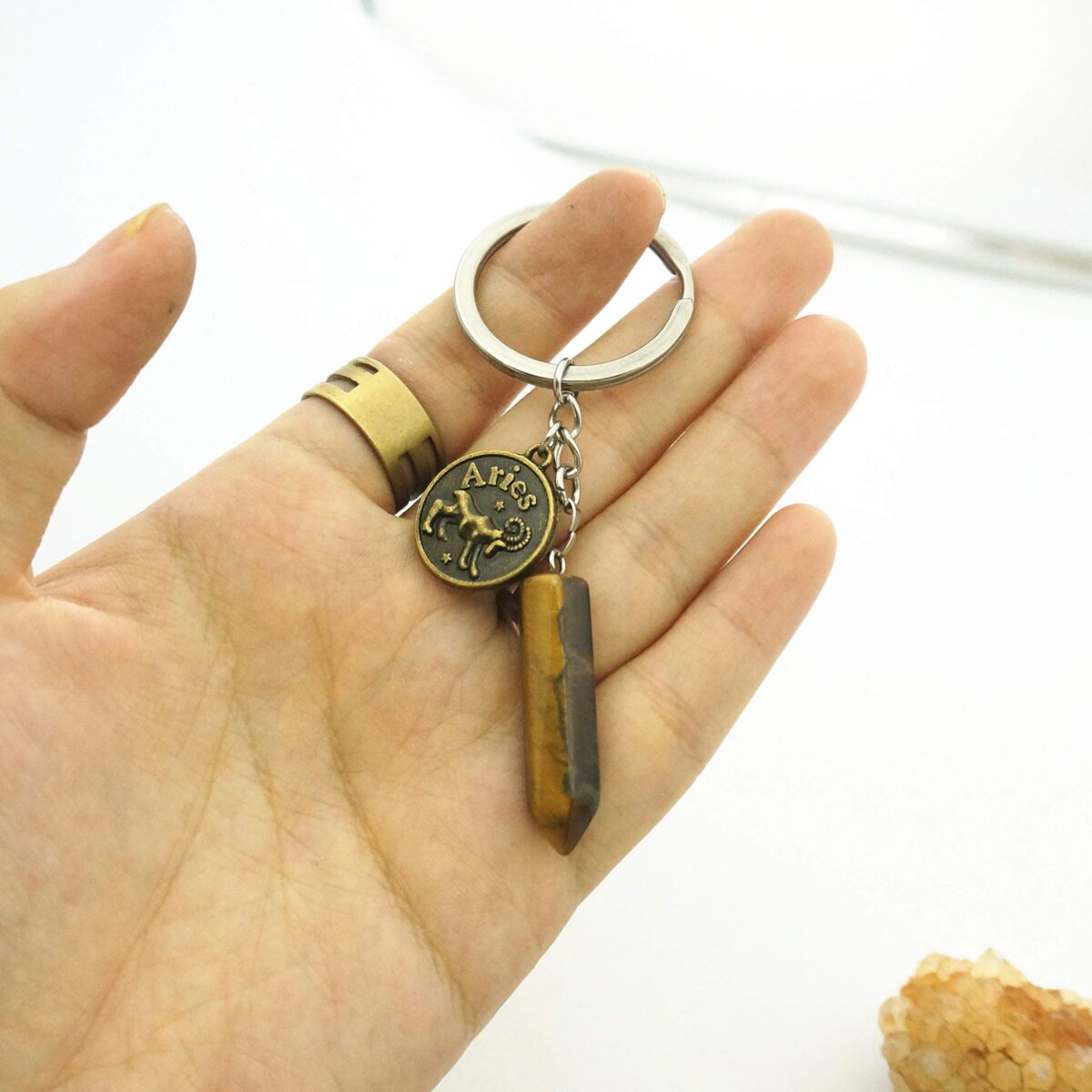 Zodiac Crystal Stone Keychain Natural Rose Stone/Red Agate/Aventurine Healing Crystal Keychain - Image 4