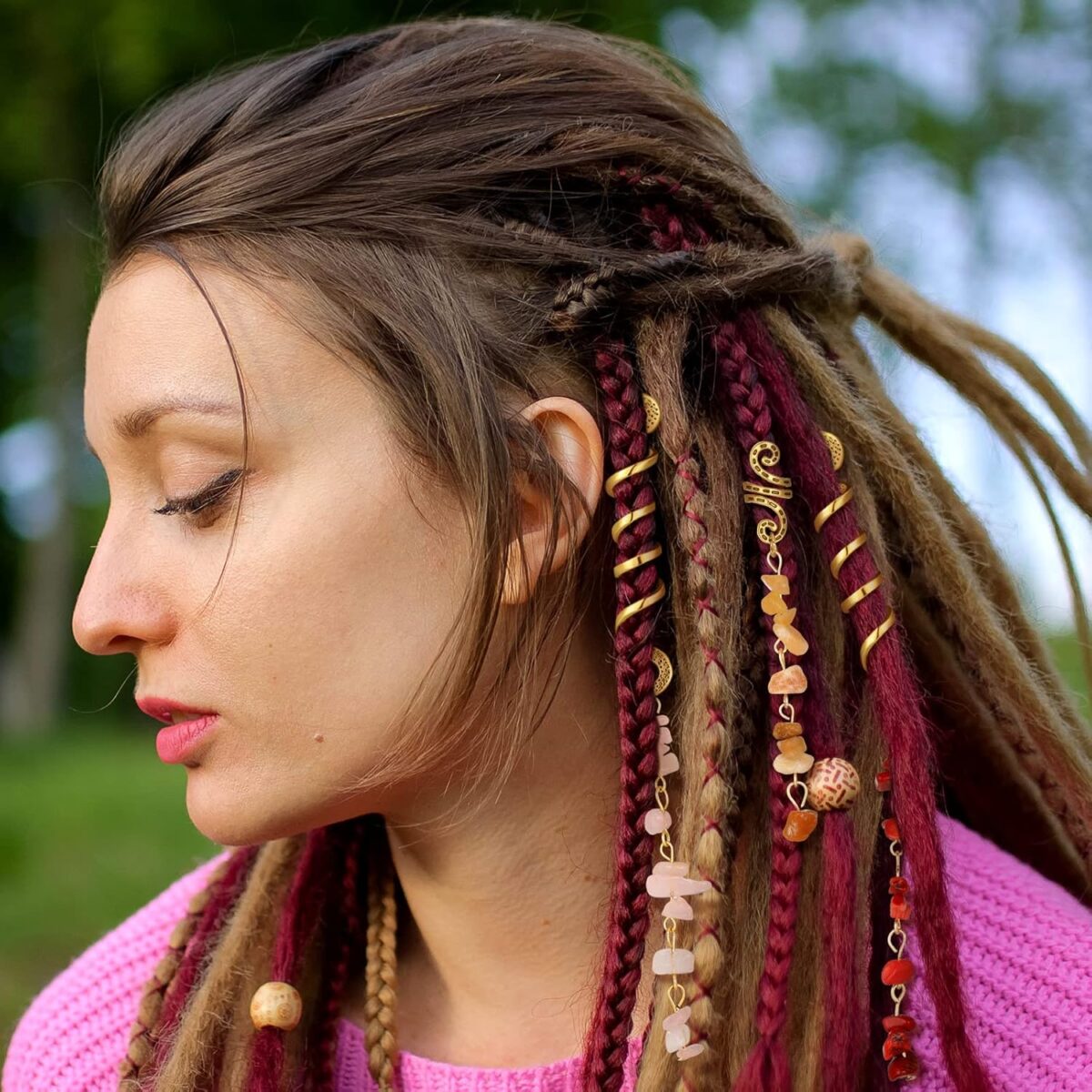 BBTO 12 Pcs Dreadlocks Hair Clips, Natural Stone & Metal Pirate Accessories for Women, Hair Charms for Girls Braids, 6 Bright Colors (Blue, Green, Pink, Red, Purple, Brown) - Image 2