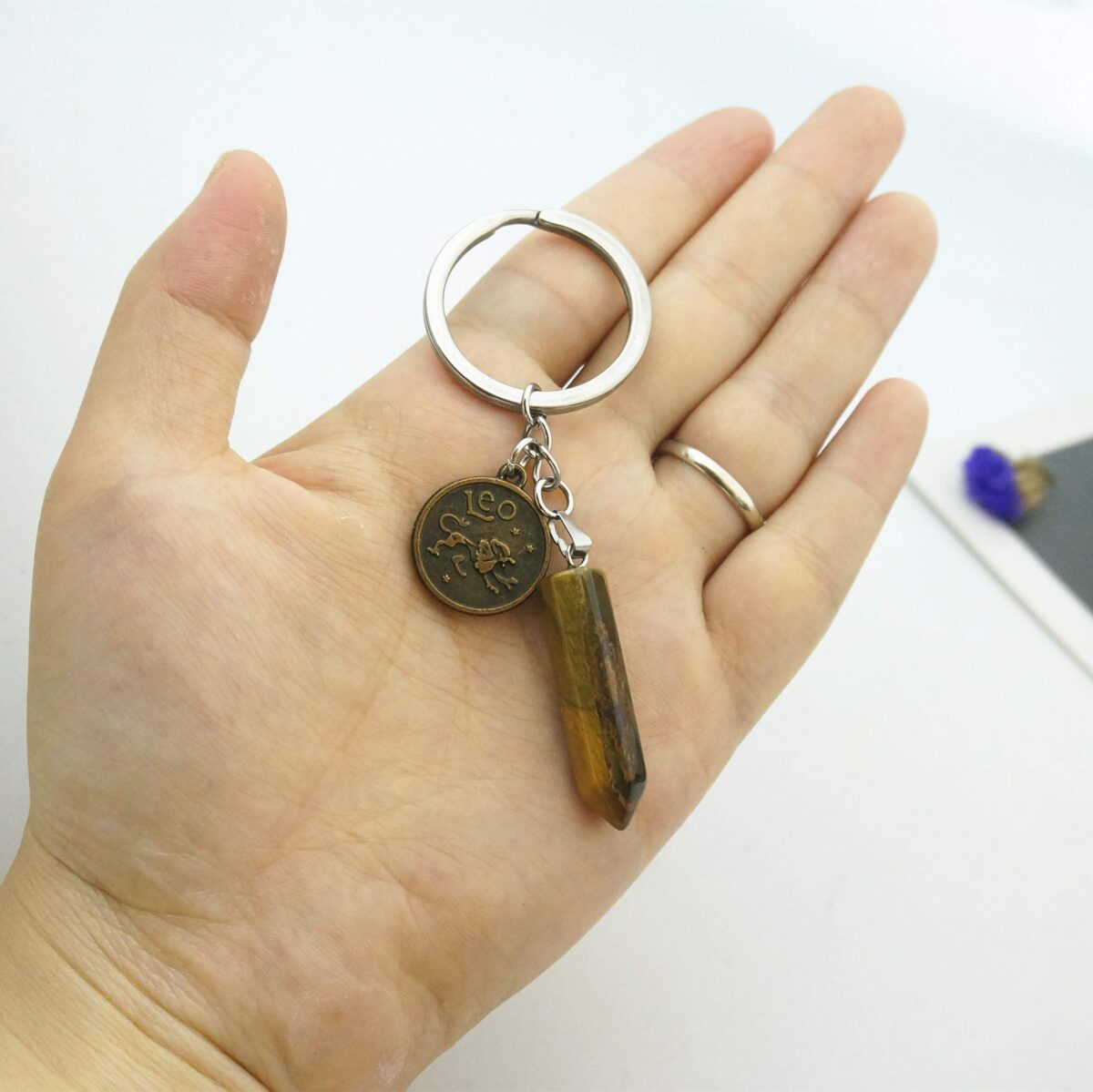 Zodiac Crystal Stone Keychain Natural Rose Stone/Red Agate/Aventurine Healing Crystal Keychain - Image 4
