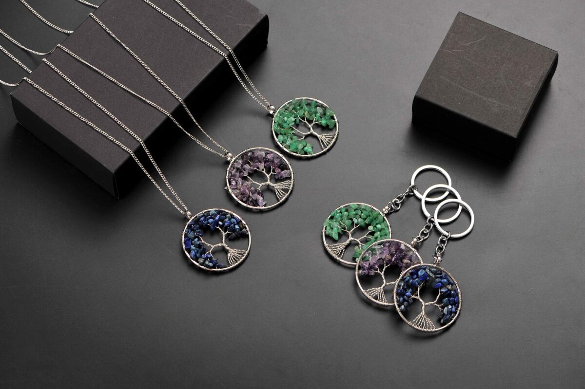 Tree of Life Keychain Natural Crystal Stone Handmade DIY Keychain Charm Pendant Necklace - Image 6