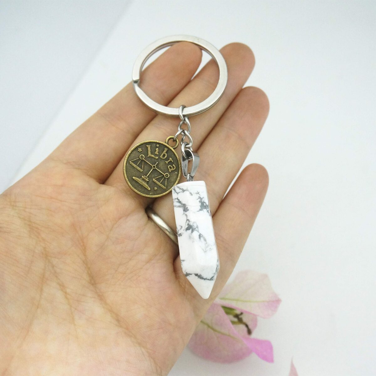 Zodiac Crystal Stone Keychain Natural Rose Stone/Red Agate/Aventurine Healing Crystal Keychain - Image 3